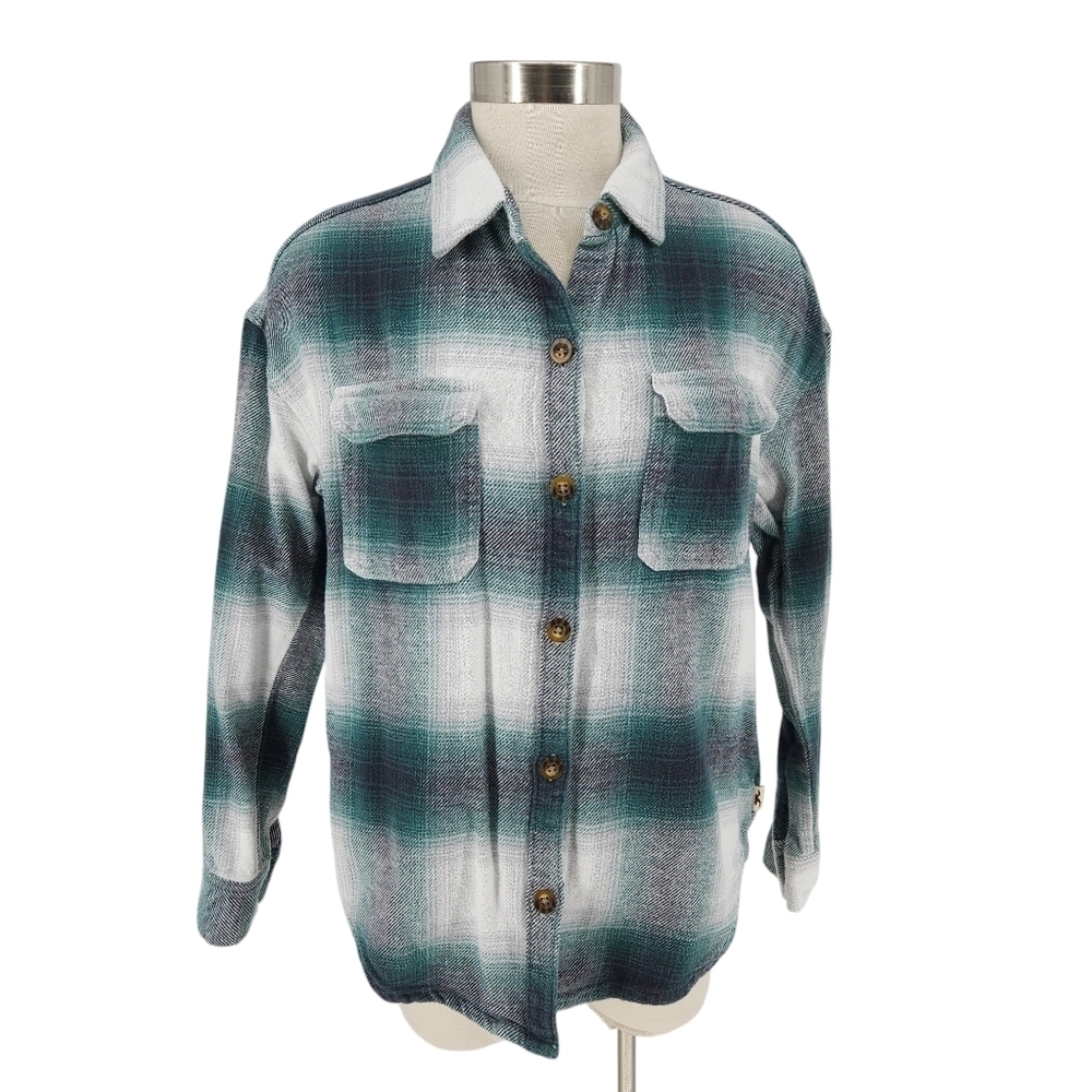 Hollister Boyfriend Flannel Shacket Green Plaid Long Sleeve Button Shirt Medium